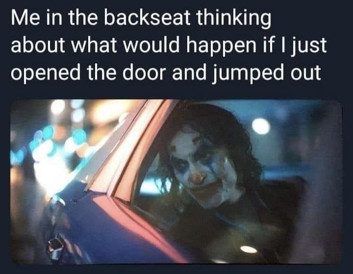 funny memes and randoms - photo caption - Me in the backseat thinking about what would happen if I just opened the door and jumped out