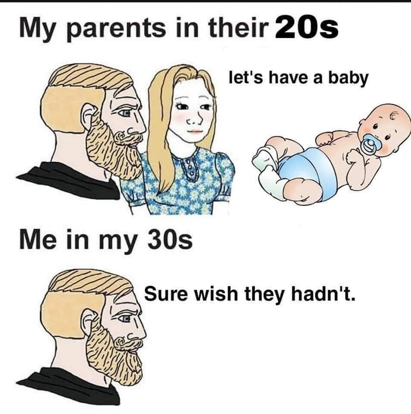 funny memes and randoms - cartoon - My parents in their 20s let's have a baby Me in my 30s Za Sure wish they hadn't.