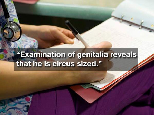 nurses writing - "Examination of genitalia reveals that he is circus sized."