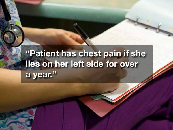 nurses writing - "Patient has chest pain if she lies on her left side for over a year.