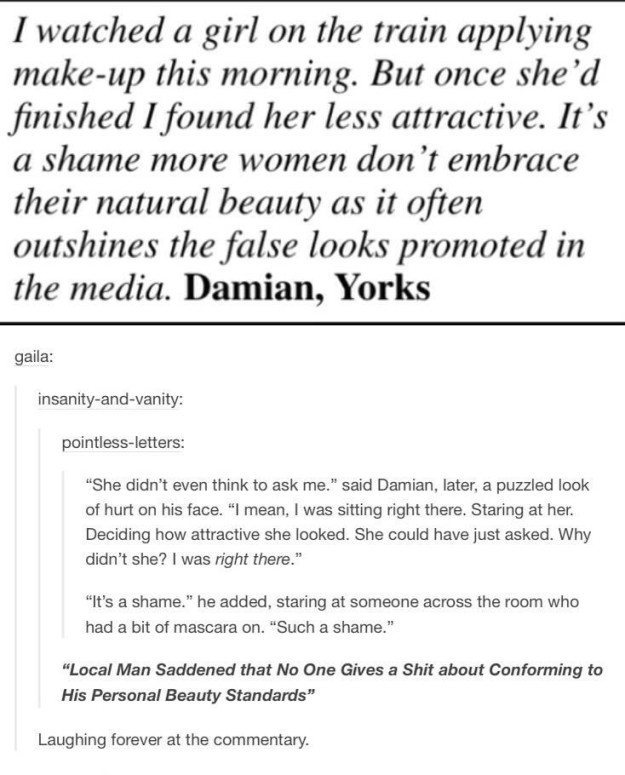 feminism makeup - I watched a girl on the train applying makeup this morning. But once she'd finished I found her less attractive. It's a shame more women don't embrace their natural beauty as it often outshines the false looks promoted in the media. Dami
