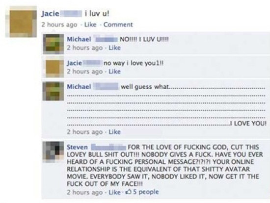 facebook couples - Jaciei luv u! 2 hours ago Comment Michael No!!! I Luv Uit!! 2 hours ago Jacie no way i love you l!! 2 hours ago Michael well guess what.... ..I Love You! 2 hours ago Steven For The Love Of Fucking God, Cut This Lovey Bull Shit Out!!! No