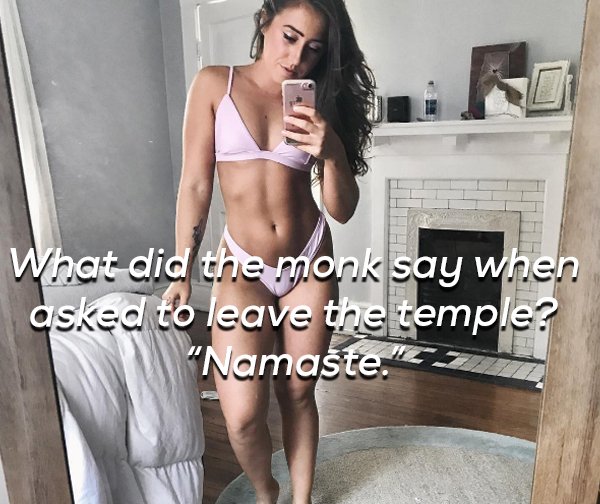 Hot girl in pink bikini asking what did the monk say when asked to leave the temple. NAMASTE
