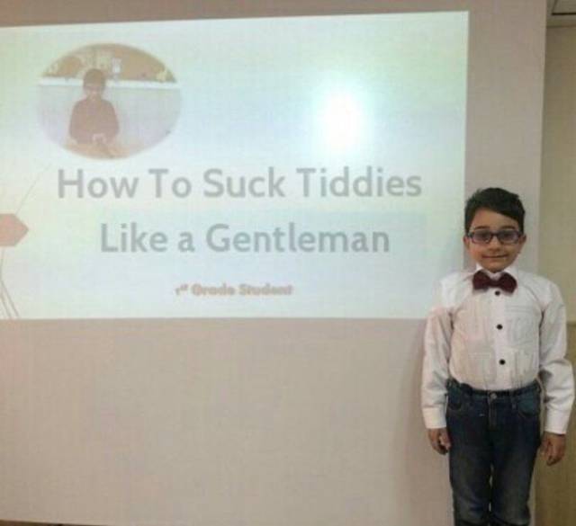 funny picture of kid dressed with bow-tie about to give presentation of how to suck tiddies like a gentleman