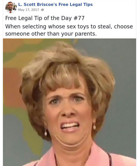 law advice - kristen wiig aunt linda - L. Scott Briscoe's Free Legal Tips & . Free Legal Tip of the Day When selecting whose sex toys to steal, choose someone other than your parents.