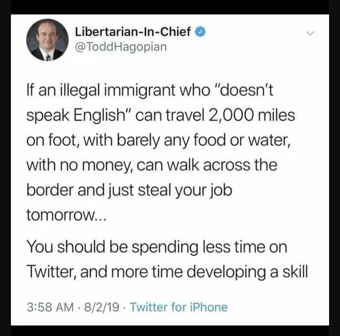 murdered by words - paper - LibertarianInChief If an illegal immigrant who "doesn't speak English" can travel 2,000 miles on foot, with barely any food or water, with no money, can walk across the border and just steal your job tomorrow... You should be s