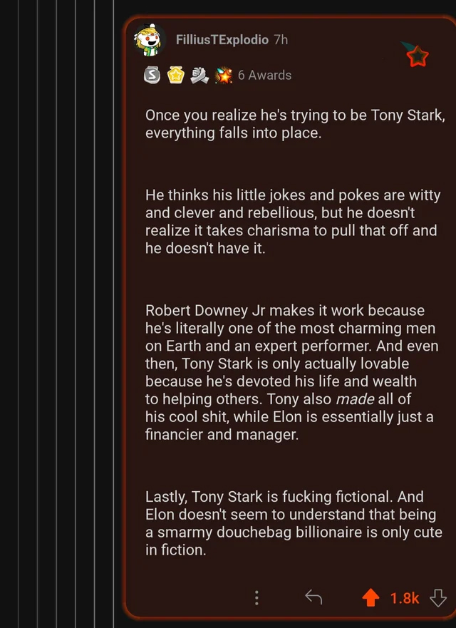 murdered by words - screenshot - Fillius TExplodio 7h S 6 Awards Once you realize he's trying to be Tony Stark, everything falls into place. He thinks his little jokes and pokes are witty and clever and rebellious, but he doesn't realize it takes charisma