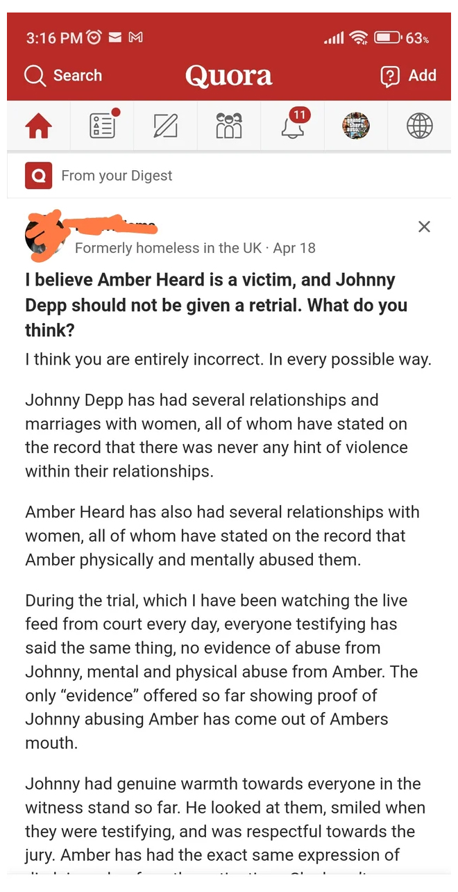 murdered by words - M 63% Search Add 11 Liil T QFrom your Digest X Formerly homeless in the Uk Apr 18 I believe Amber Heard is a victim, and Johnny Depp should not be given a retrial. What do you think? I think you are entirely incorrect. In every possibl