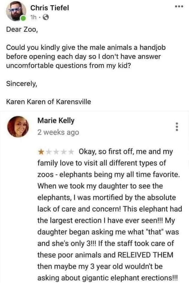 murdered by words - document - Chris Tiefel 1h Dear Zoo, Could you kindly give the male animals a handjob before opening each day so I don't have answer uncomfortable questions from my kid? Sincerely, Karen Karen of Karensville Marie Kelly 2 weeks ago Oka