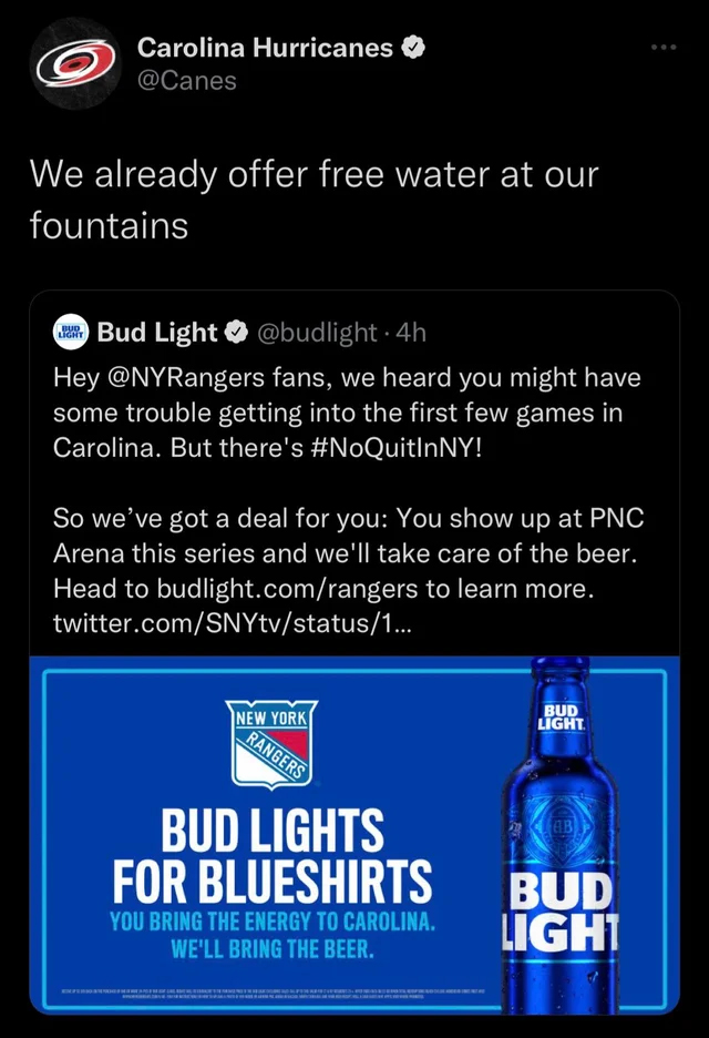 murdered by words - Carolina Hurricanes We already offer free water at our fountains Bud Light Bud Light 4h Hey fans, we heard you might have some trouble getting into the first few games in Carolina. But there's ! So we've got a deal for you You show up 
