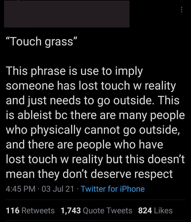 cringeworthy pics - quotes - "Touch grass" This phrase is use to imply someone has lost touch w reality and just needs to go outside. This is ableist bc there are many people who physically cannot go outside, and there are people who have lost touch w rea