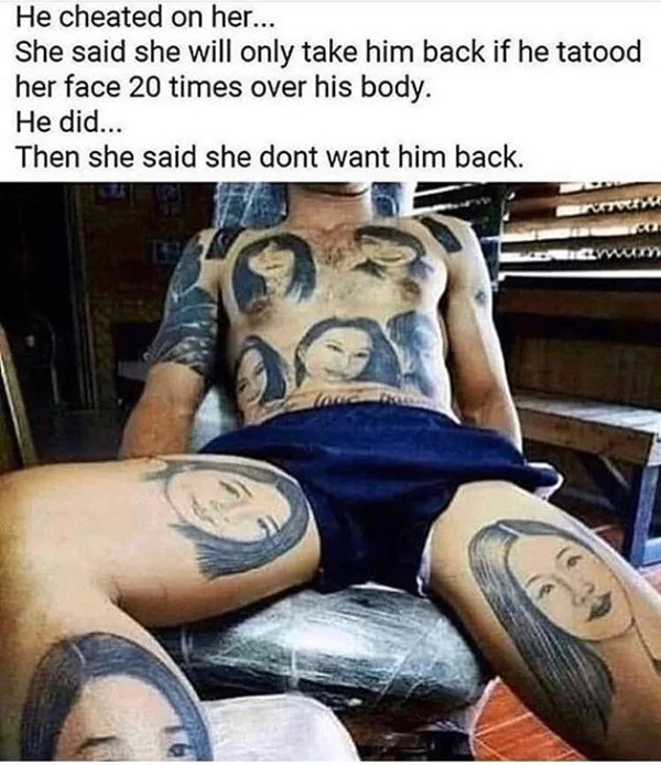cringeworthy pics - arm - He cheated on her... She said she will only take him back if he tatood her face 20 times over his body. He did... Then she said she dont want him back. Porrvery