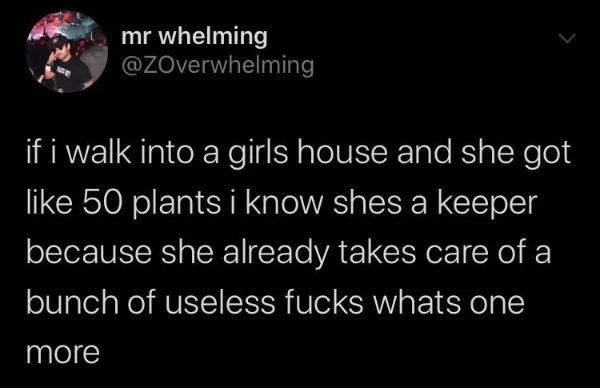 antidepressants twitter meme - mr whelming if i walk into a girls house and she got 50 plants i know shes a keeper because she already takes care of a bunch of useless fucks whats one more