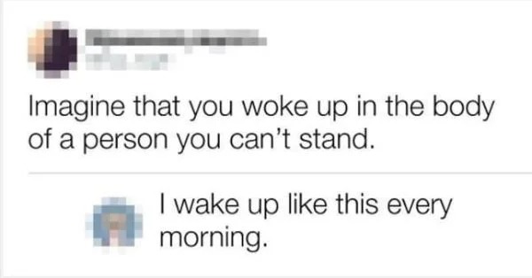 Funny meme - Imagine that you woke up in the body of a person you can't stand. I wake up this every morning.