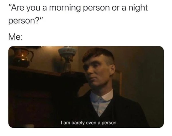peaky blinders quotes meme - "Are you a morning person or a night person?" Me I am barely even a person.