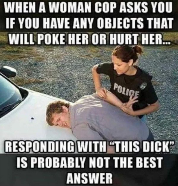 spicy sex memes - adult humor memes 2020 - When A Woman Cop Asks You If You Have Any Objects That Will Poke Her Or Hurt Her... Police Responding With "This Dick" Is Probably Not The Best Answer