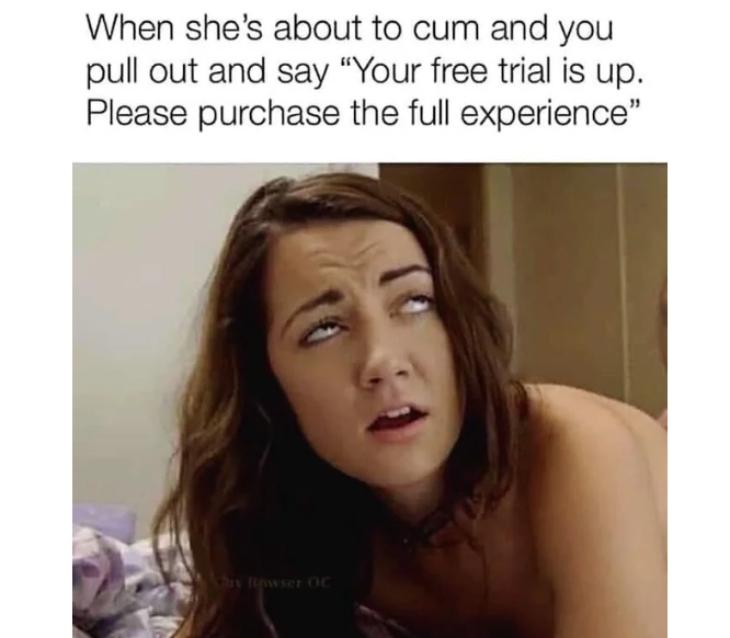 spicy sex memes with lowbrow humor - photo caption - When she's about to cum and you pull out and say "Your free trial is up. Please purchase the full experience" hry Bowser Oc