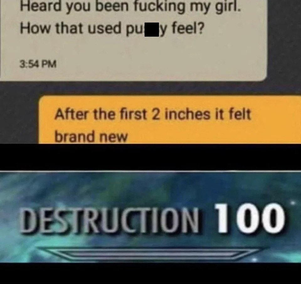 spicy sex memes with lowbrow humor - destruction 100 - Heard you been fucking my girl. How that used pu y feel? After the first 2 inches it felt brand new Destruction 100