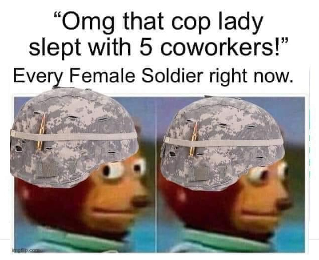 spicy sex memes with lowbrow humor - Meme - "Omg that cop lady slept with 5 coworkers!" Every Female Soldier right now. imgflip.com