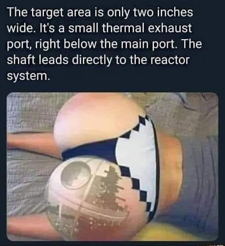 spicy sex memes with lowbrow humor - photo caption - The target area is only two inches wide. It's a small thermal exhaust port, right below the main port. The shaft leads directly to the reactor system.