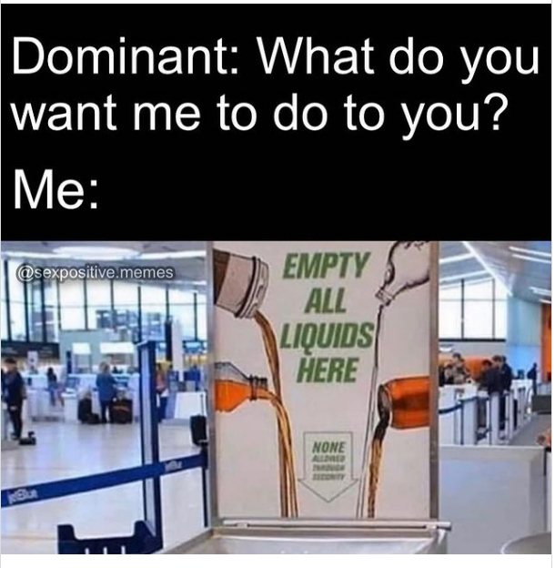spicy sex memes - airport jungle juice - Dominant What do you want me to do to you? Me .memes jetBlue Empty All Liquids Here None Allowed Through Econty
