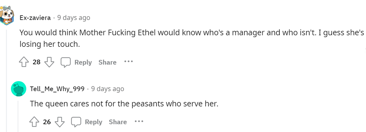 red lobster karen - Trans woman - Exzaviera 9 days ago You would think Mother Fucking Ethel would know who's a manager and who isn't. I guess she's losing her touch. 28 26 ... Tell Me Why_999.9 days ago The queen cares not for the peasants who serve her.