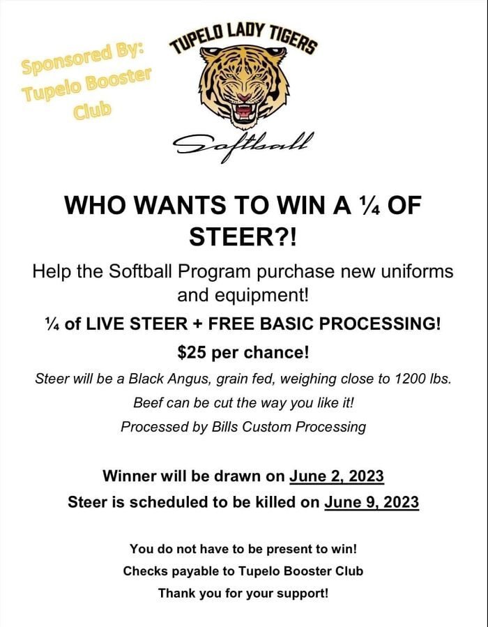 pics that are all american - paper - Sponsored By Tupelo Lady Tigers Tupelo Booster Club Softball Who Wants To Win A 14 Of Steer?! Help the Softball Program purchase new uniforms and equipment! 14 of Live Steer Free Basic Processing! $25 per chance! Steer