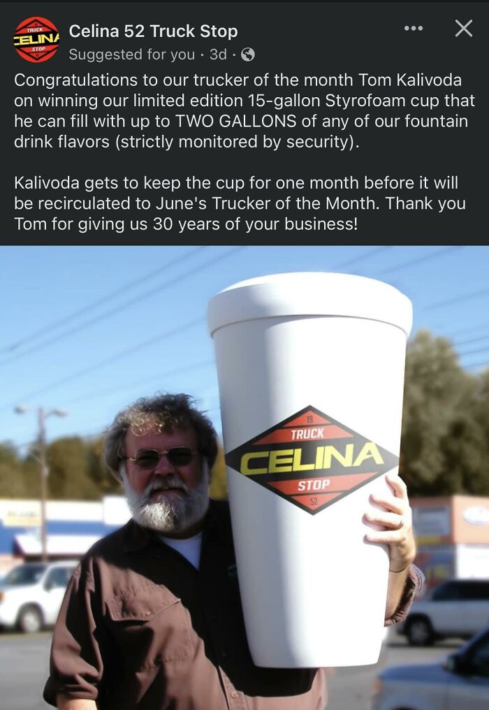 pics that are all american - vehicle - Truck Celina Stop Celina 52 Truck Stop Suggested for you. 3d Congratulations to our trucker of the month Tom Kalivoda on winning our limited edition 15gallon Styrofoam cup that he can fill with up to Two Gallons of a