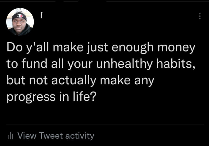 Internet meme - I Do y'all make just enough money to fund all your unhealthy habits, but not actually make any progress in life? ll View Tweet activity