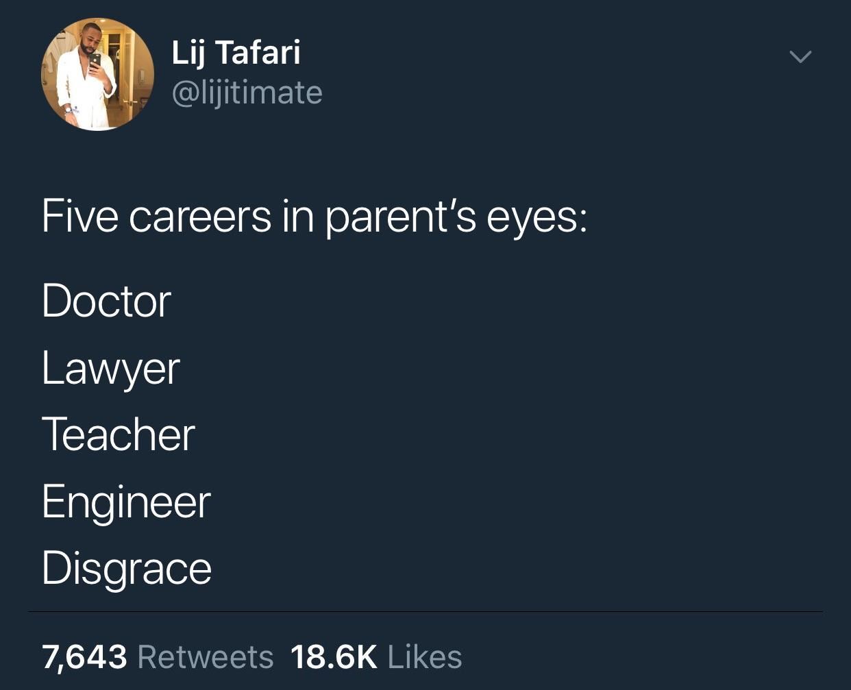 screenshot - Lij Tafari Five careers in parent's eyes Doctor Lawyer Teacher Engineer Disgrace 7,643