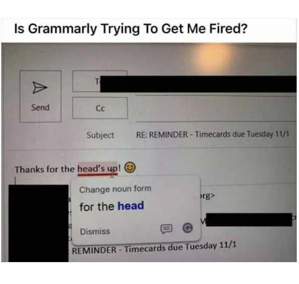 spicy memes - software - Is Grammarly Trying To Get Me Fired? Send T Cc Subject Thanks for the head's up! Re Reminder Timecards due Tuesday 111 Change noun form for the head org> Dismiss Reminder Timecards due Tuesday 111