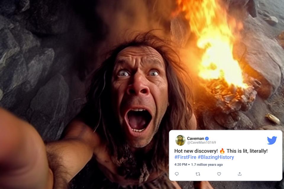 famous selfies from history - photo caption - Caveman Hot new discovery! This is lit, literally! 1.7 million years ago 23