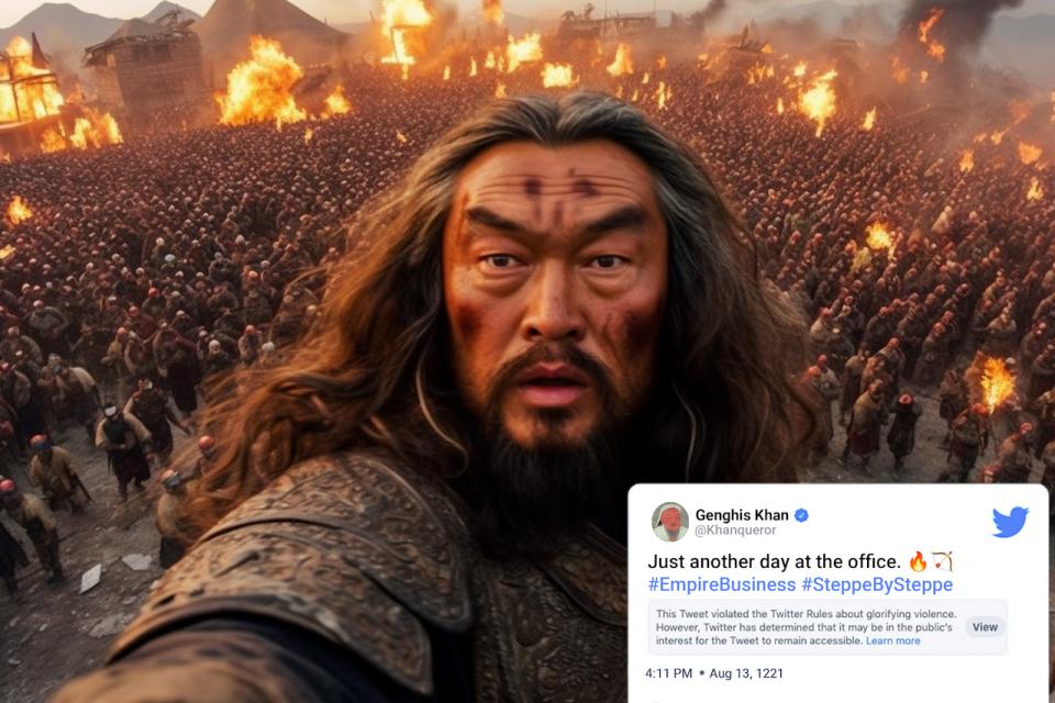 famous selfies from history - beard - 4120 Genghis Khan Just another day at the office. 7 This Tweet violated the Twitter Rules about glorifying violence. However, Twitter has determined that it may be in the public's interest for the Tweet to remain acce