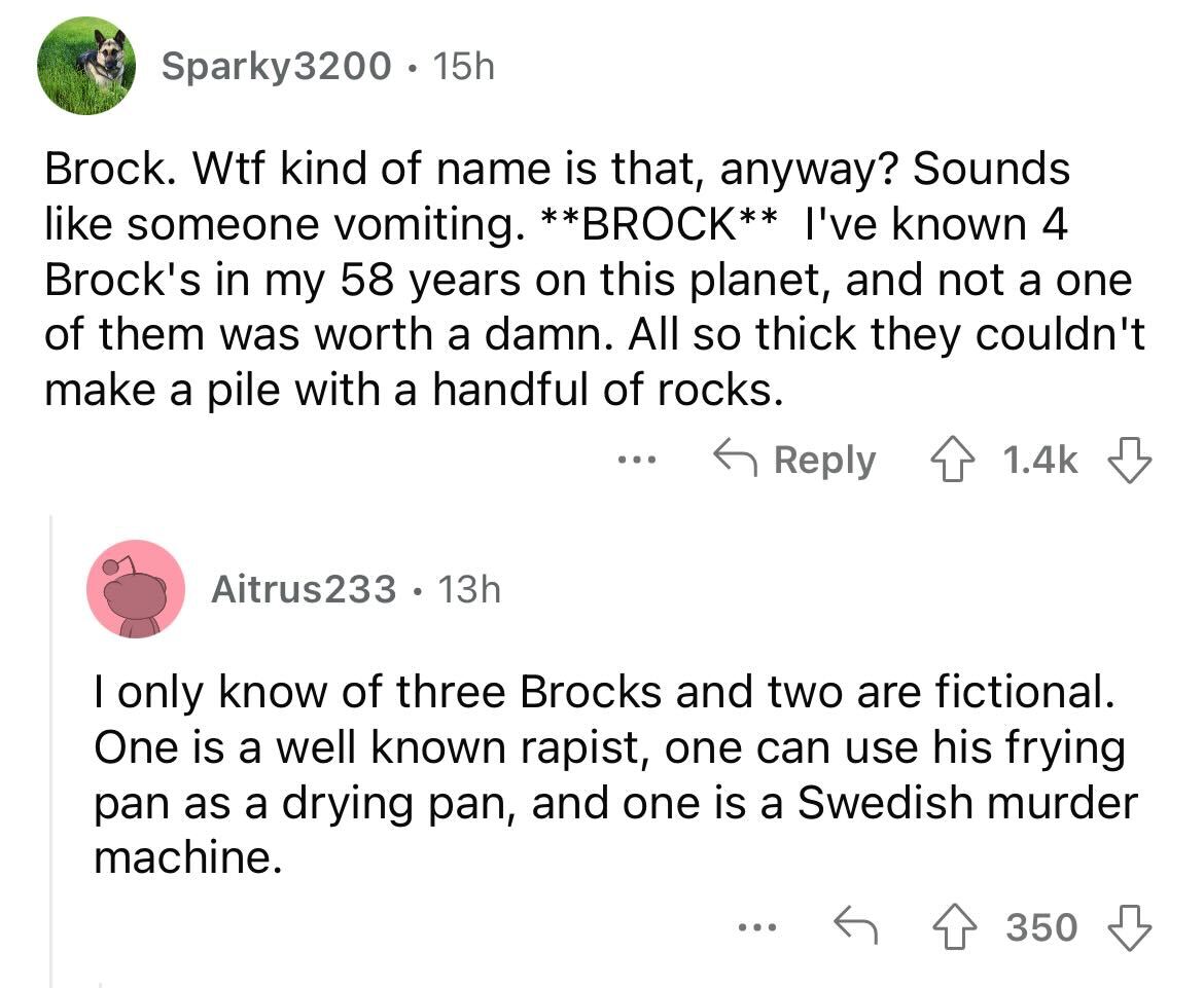 names that were ruined because of someone - angle - Sparky3200 15h Brock. Wtf kind of e is that, anyway? Sounds someone vomiting. Brock I've known 4 Brock's in my 58 years on this planet, and not a one of them was worth a damn. All so thick they couldn't 