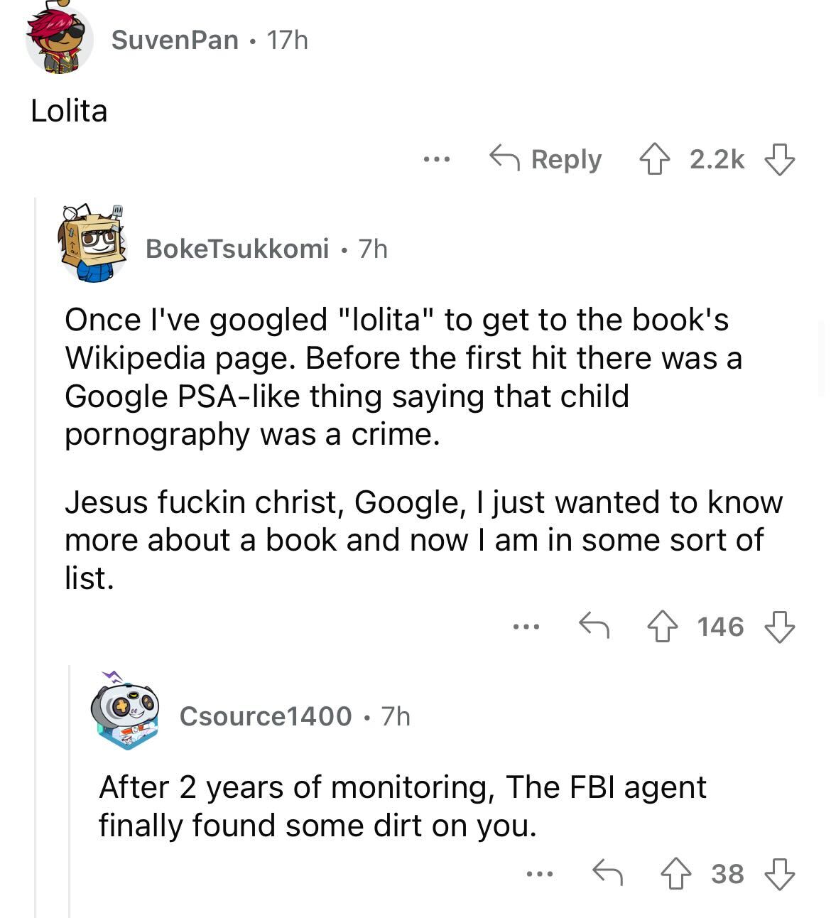 names that were ruined because of someone - angle - Lolita SuvenPan 17h BokeTsukkomi . 7h ... Once I've googled "lolita" to get to the book's Wikipedia page. Before the first hit there was a Google Psa thing saying that child pornography was a crime. Csou