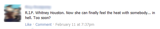 My facebook status message five minutes after the announcement of Whitney Houston's death.