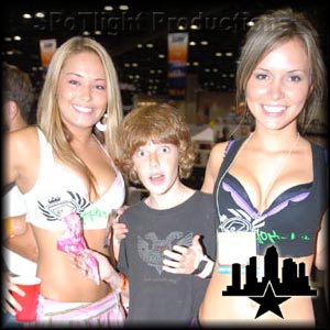 little skate rat with our tradeshow models Heather and Becky. his mom was proud of this shot