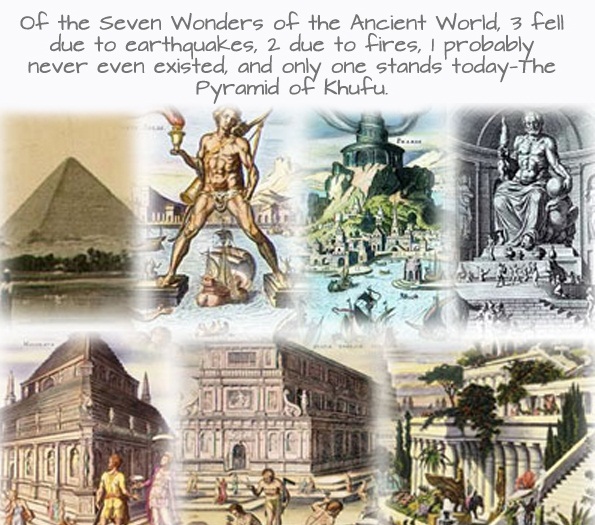 ancient wonders of the world today - of the Seven Wonders of the Ancient World, 3 fell due to earthquakes, 2 due to fires, I probably never even existed, and only one stands todaythe Pyramid of Khufu