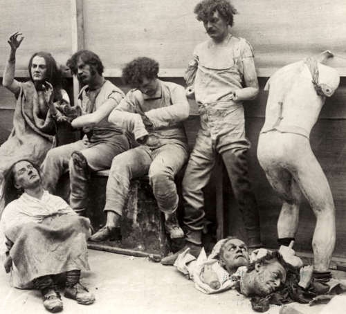 Melted and damaged mannequins after a fire at Madam Tussaud's Wax Museum in London, 1930.