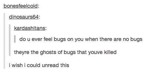 tumblr - ghost post - bonesfeelcold dinosaurs64 kardashitans do u ever feel bugs on you when there are no bugs theyre the ghosts of bugs that youve killed i wish i could unread this