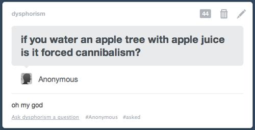 tumblr - design quotes - dysphorism if you water an apple tree with apple juice is it forced cannibalism? Anonymous oh my god Ask dysphorism a question Anonymous asked