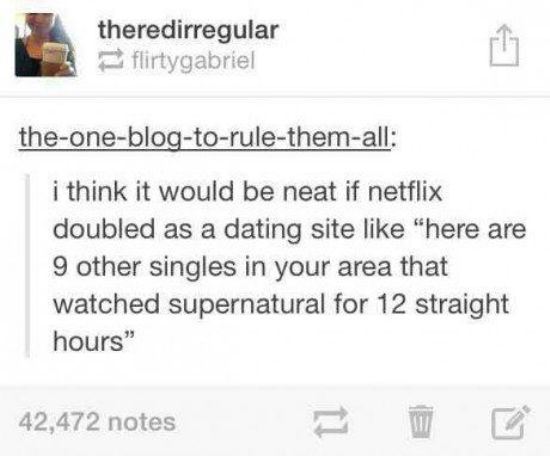 tumblr - deeper side - theredirregular flirtygabriel theoneblogtorulethemall i think it would be neat if netflix doubled as a dating site "here are 9 other singles in your area that watched supernatural for 12 straight hours" 42,472 notes