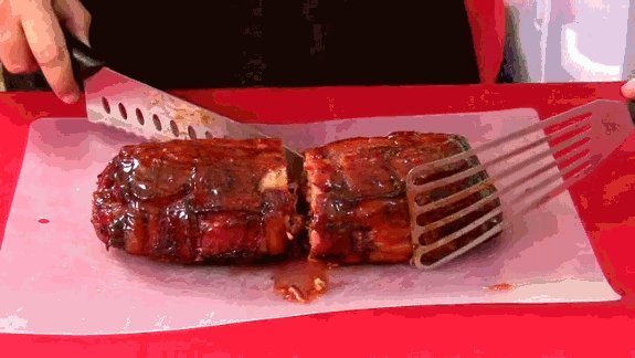 Bacon Explosion - It's made with crispy bacon, ground pork sausage, a bacon weave, barbecue sauce, and sometimes cheddar cheese. The following gifs show you how to make your very own.