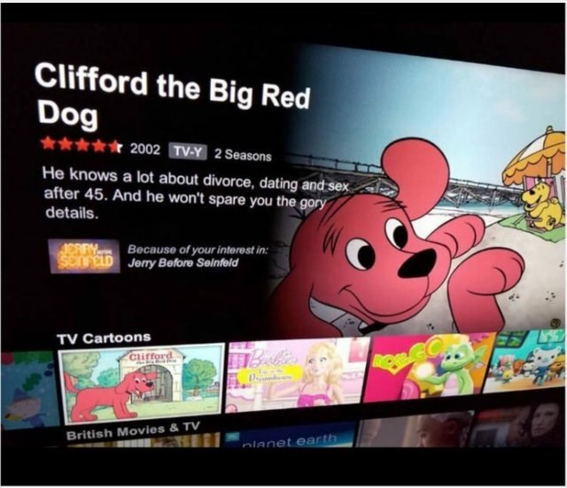 clifford the big red dog meme - Clifford the Big Red Dog 2002 TvY 2 Seasons He knows a lot about divorce, dating and sex after 45. And he won't spare you the gory details. Because of your interest in Jerry Before Seinfeld Tv Cartoons Clifford British Movi