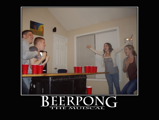 a bunch of people singing around a beerpong table
-CORY-