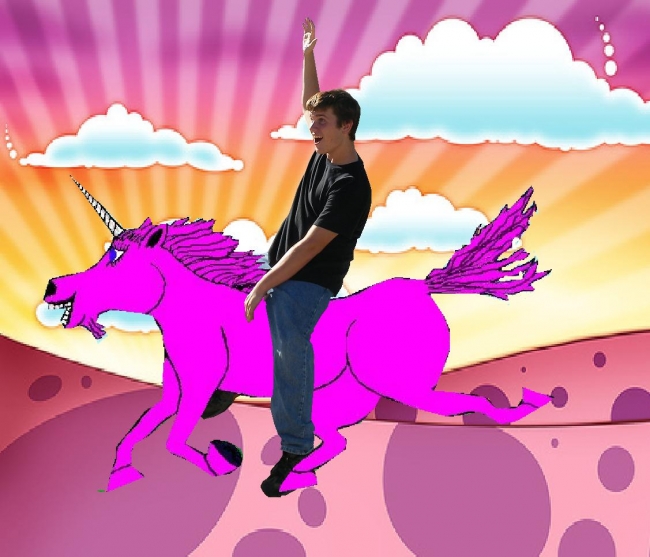 myspace pic of a kid riding a unicorn