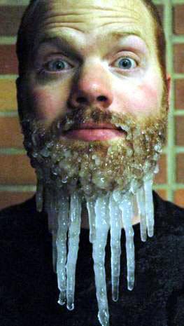 Man with icicles on beard.