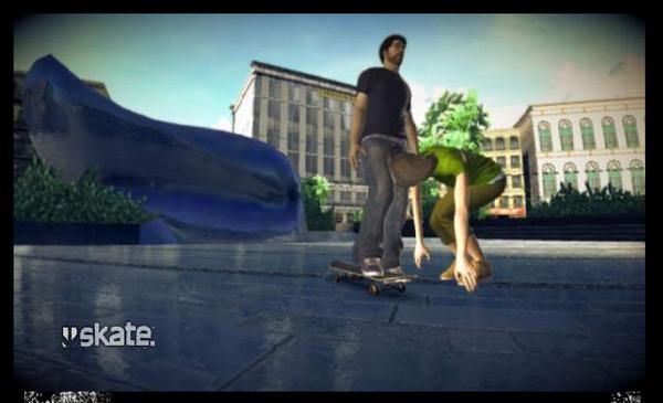 Funny position of man falling after hit by skateboarder in game skate by ea games