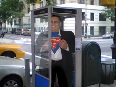 It's a bird!  It's a plane! It's.....just a fat guy who can't get out of the phone booth!