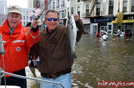 Funny picture of George W. Bush and his dad George Bush Sr holding up their fish they caught as people behind them are scrambling in a flood on their store